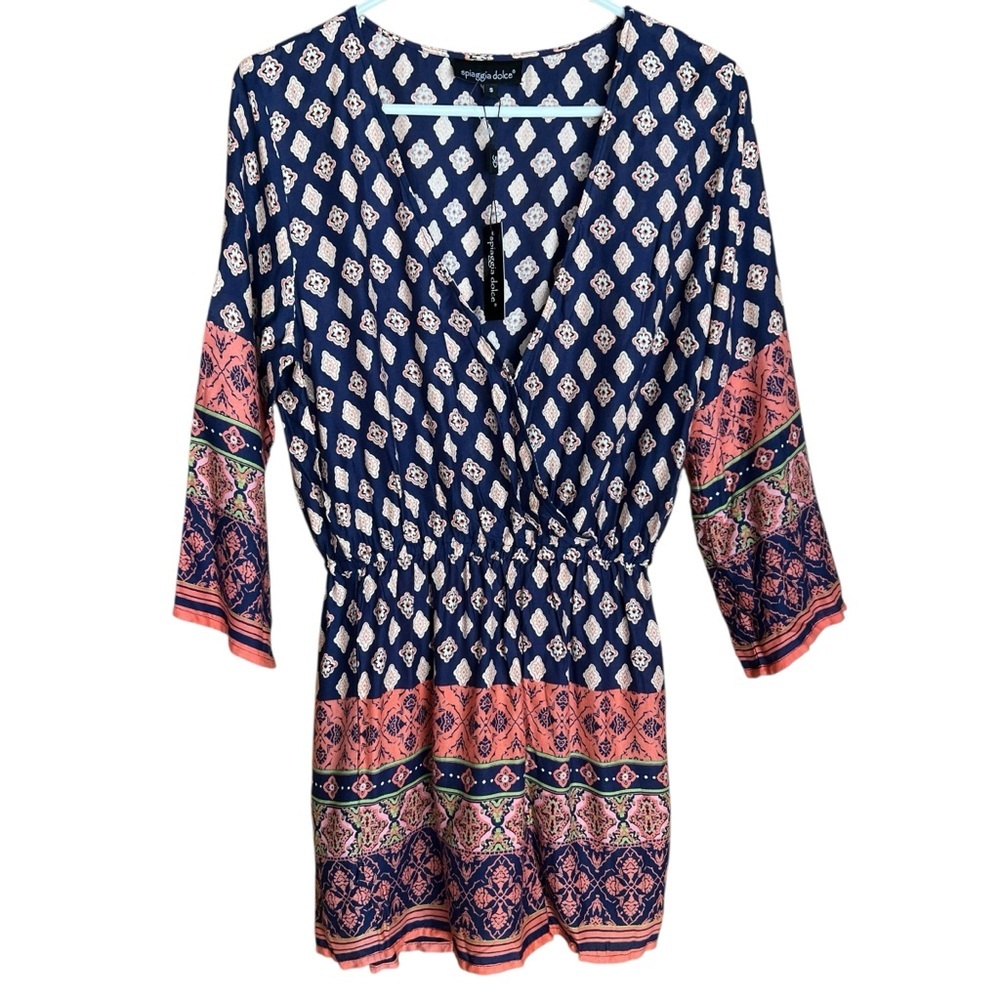 spiaggia dolce blue abstract print long sleeve v-neck romper size small NWT